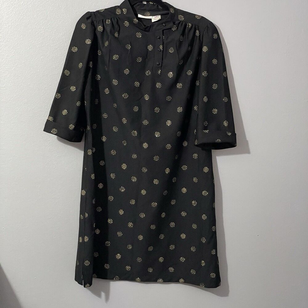 70s Mod Women’s Dress Lady Carol Of New York Semi Sheer‎ Black Shift Dress Gold